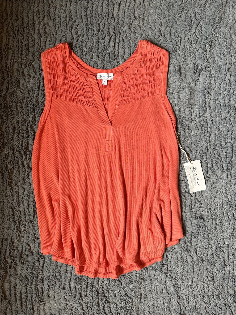 NWT Grace & Lace Coral Sleeveless Smocked Yoke Tank